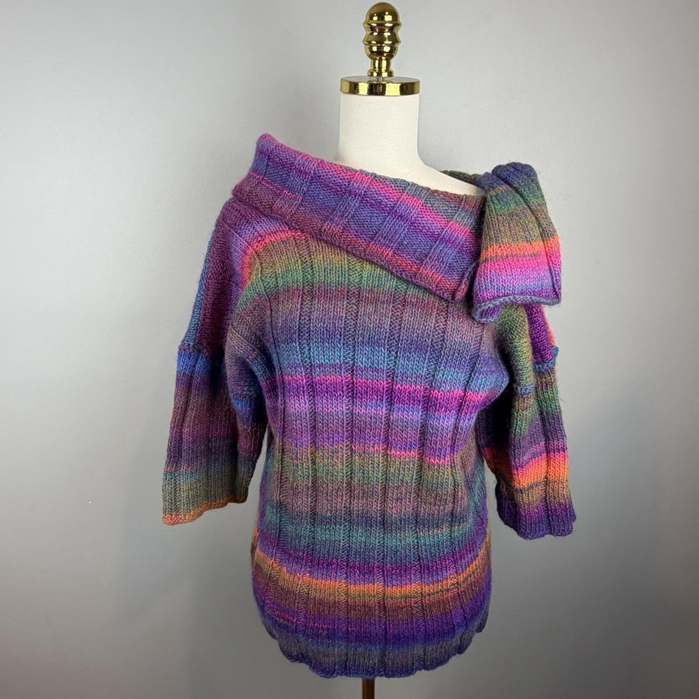 Handmade Rainbow Striped Knit Sweater Womens M L Bow Neck Cottagecore Artsy